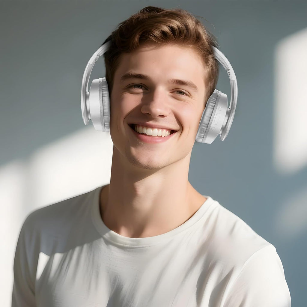TUINYO Bluetooth Headphones Wireless, Over Ear Stereo Wireless Headset 40H Playtime with deep bass, Soft Memory-Protein Earmuffs, Built-in Mic Wired Mode PC/Cell Phones/TV-White … …