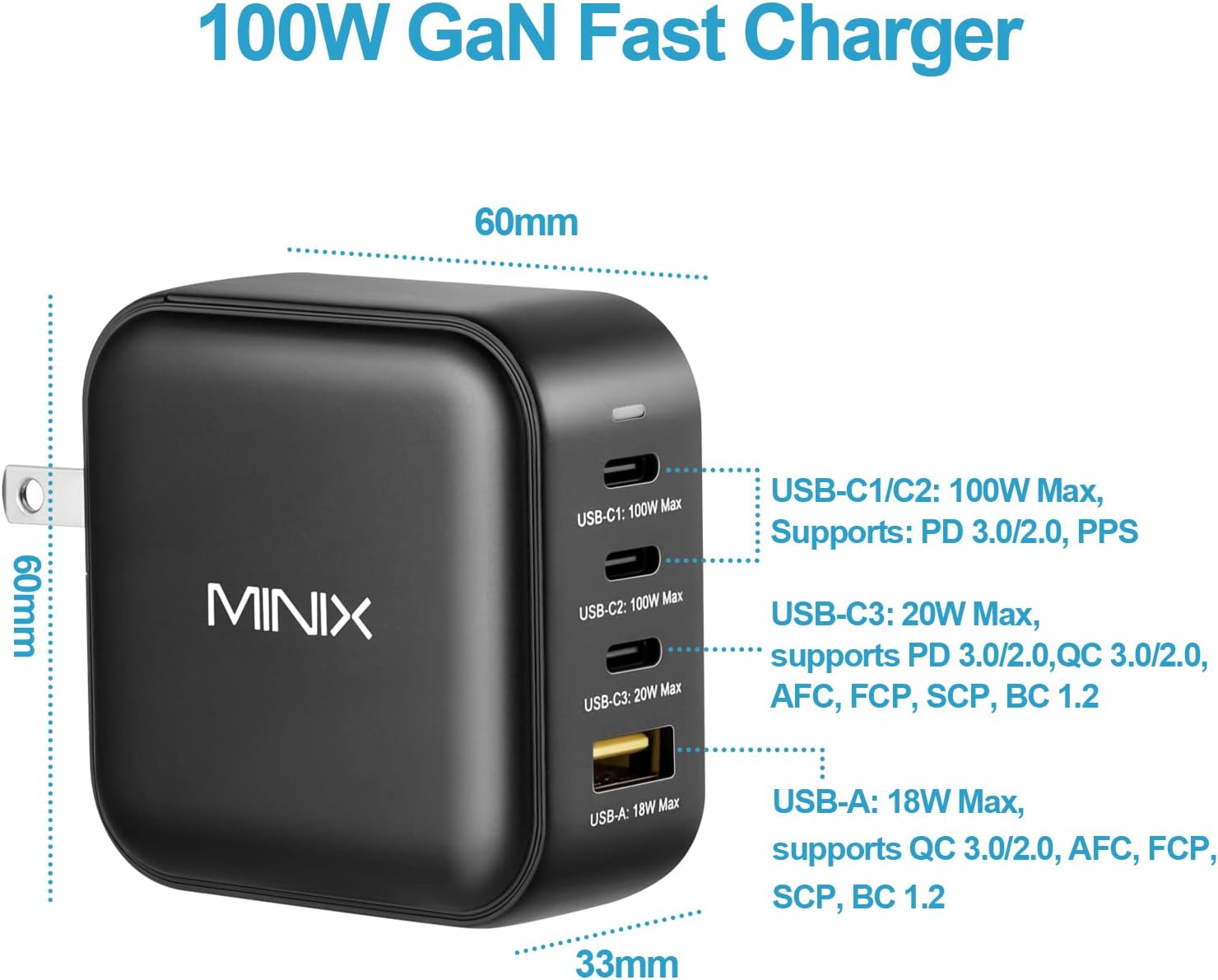 MINIX NEO P3 100W Turbo 4-Ports GaN Wall Charger, 3 x USB-C Port Fast Charging Adapter(Max 100W/20W), 1 USB-A (Max 18W). Compatible with MacBook Pro Air, iPad Pro, iPhone 14,Galaxy S9 and More.