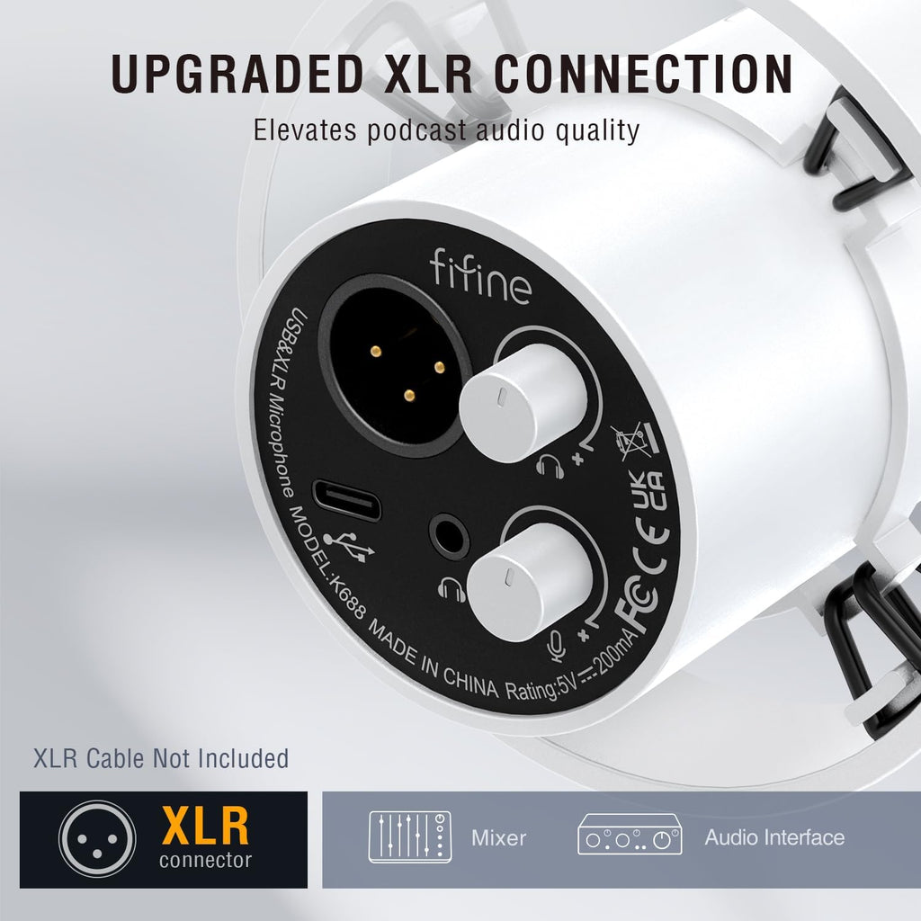 FIFINE Studio XLR Dynamic Microphone, USB PC Podcast Microphone for Streaming Recording, XLR/USB Vocal Mic with Tap-to-Mute, Gain Knob, Headphones Monitoring-Amplitank K688 White