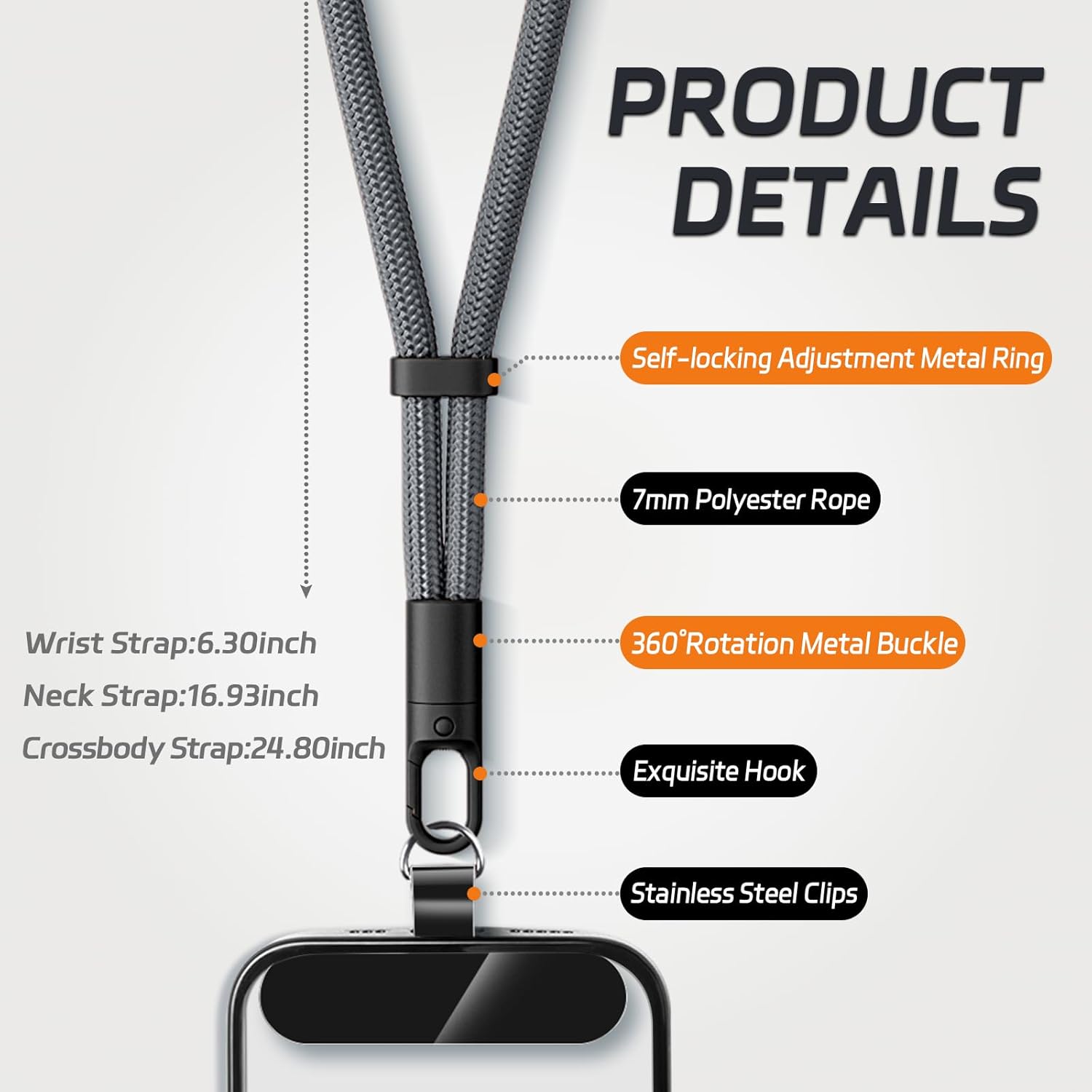 3 Pack Phone Lanyard,1×Phone crossbody strap,1×Phone Neck Strap,1×Wrist Strap,3×Tether Tabs,Universal Cell Phone Multifuctional Patch Polyester Lanyards(Grey)