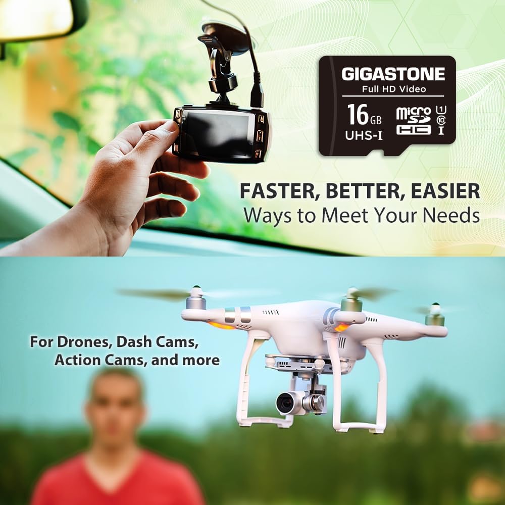 GIGASTONE 16GB 5-Pack Micro SD Card, FHD Video, Surveillance Security Cam Action Camera Drone, 85MB/s Micro SDHC UHS-I U1 Class 10, with Adapters