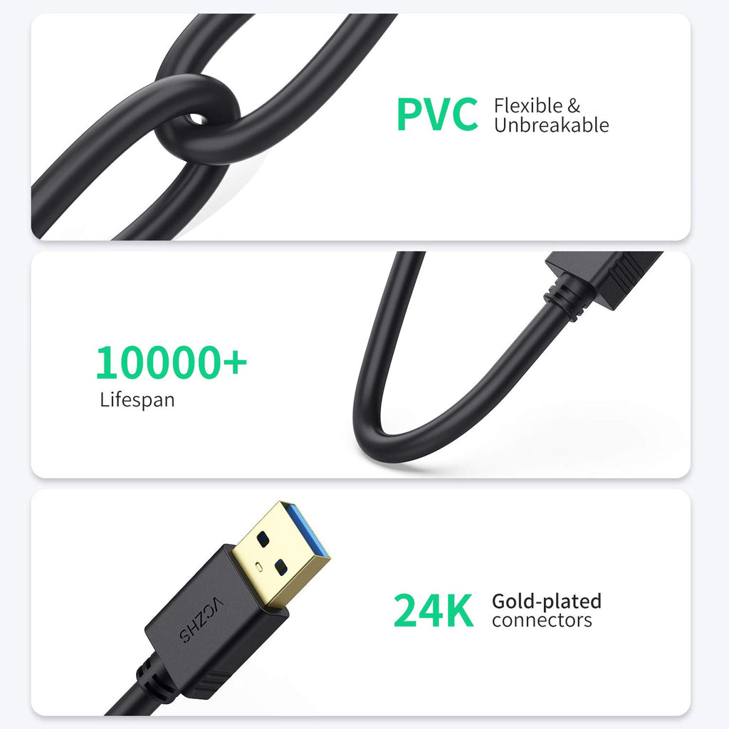 VCZHS Tech USB Extension Cable 3.3ft, USB 3.0 Extender for High-Speed Data Transfer & Fast Charging, Durable & Flexible for Mouse, Keyboard, Printer, Flash Drive, Webcam, and More