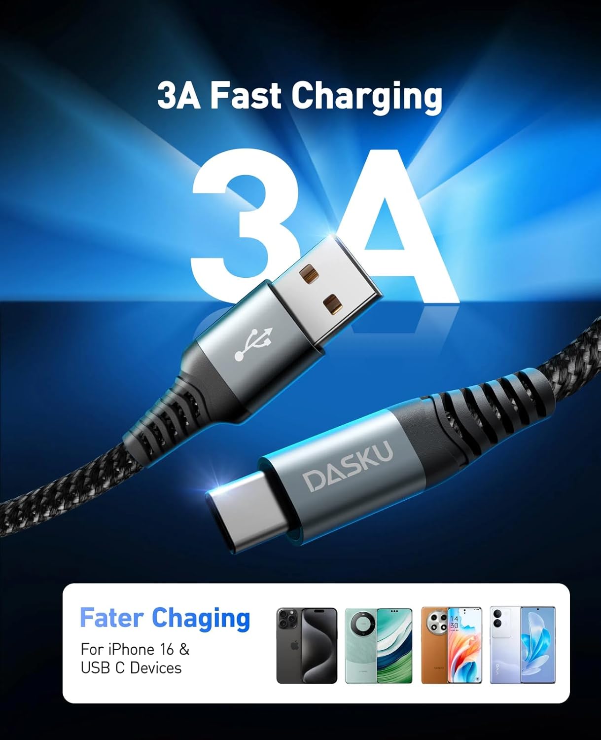 USB Type C Cable Fast Charging, 5 Pack[3/6/6/10/10FT] Braided C Charger Cables Compatible with iPhone 16/15, Samsung Galaxy S10 S9 S8 Plus, Note 10 9 8, LG V50 V40 G8 G7(Grey)