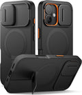 SURITCH for iPhone 16 Case with Magnetic Camera Slide Cover and Adjustable Kickstand, Compatible with MagSafe, Shockproof Bumper Case Slim Protective Cover 6.1 Inch, Black