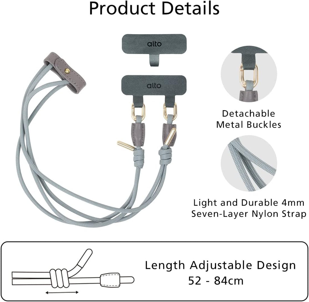 alto Crossbody Phone Lanyard: detachable patch, nylon strap with Italian leather pad, for iPhone and android full body phone cases (Cement Gray)
