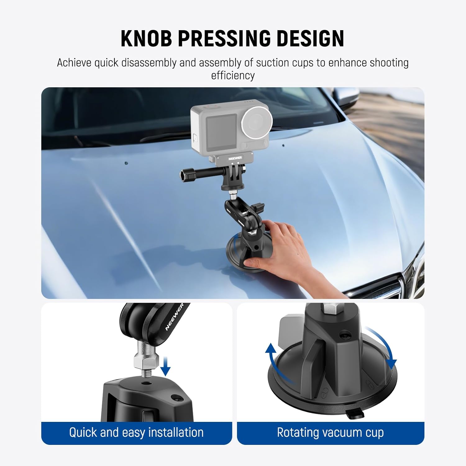 NEEWER Suction Cup Phone Holder & Camera Mount Compatible With GoPro DJI Insta360 iPhone, Car Phone Mount with Action Camera Adapter 360° Magic Arm for POV Windshield Glass Vlog Video Recording, CA158