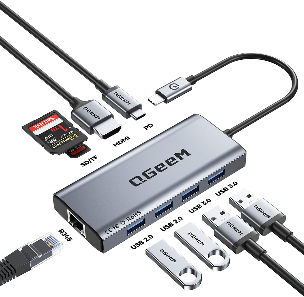 QGeeM USB C Hub Ethernet,9 in 1 USB Type C Hub HDMI Multi-Port Converter Adapter,100W Pd, USB 3.0,SD/TF Card Reader,Compatible for MacBook Pro Air Ipad HP Dell Lenovo Chromebook etc.