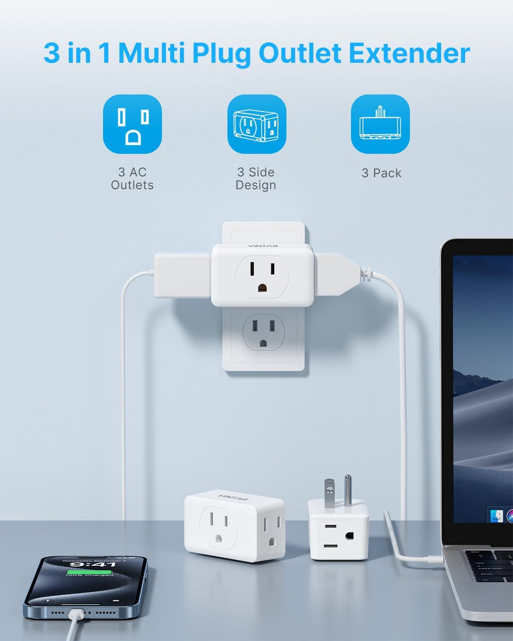 Multi Plug Outlet Extender, VINTAR 3 Outlet Adapter, Multiple Outlet Splitter, Grounded Wall Tap Adapter, Power Plug Expander for Travel Home Office Dorm, 3 Pack