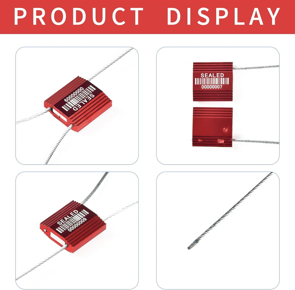50 Red High Security Cable Seals with Barcode, Pull Tight Numbered Steel Security Seals, Anti-Tamper Shipping Self-Locking Tags for Logistics, ISO 17712 Certified