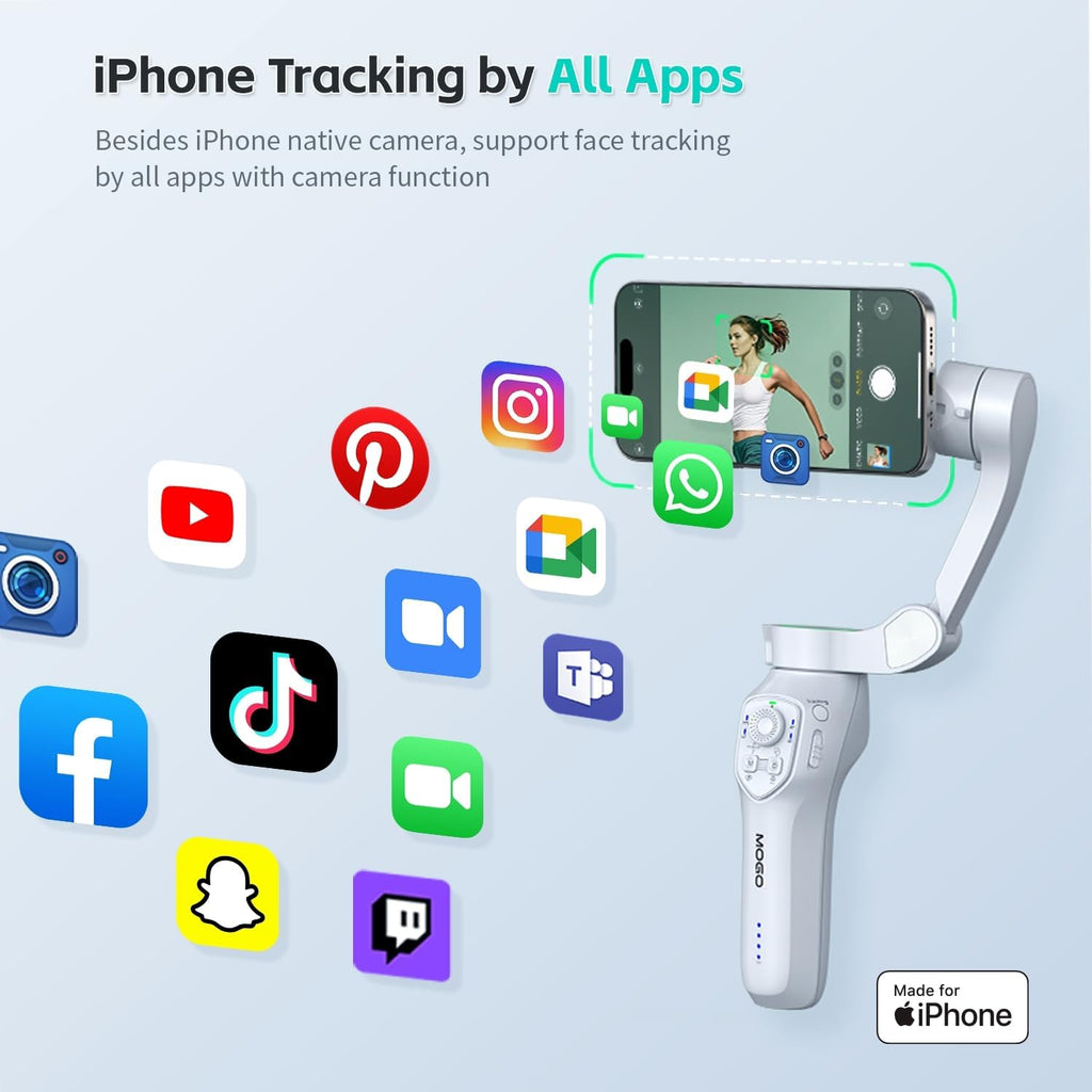MOGO Only for iPhone, Gimbal Stabilizer for iPhone, [Apple MFi Certified] Cell Phone Gimbal Stabilizer with 360 Degree Tracking for Video Recording, NFC Pair and Magnetic for iPhone 16 Pro Max