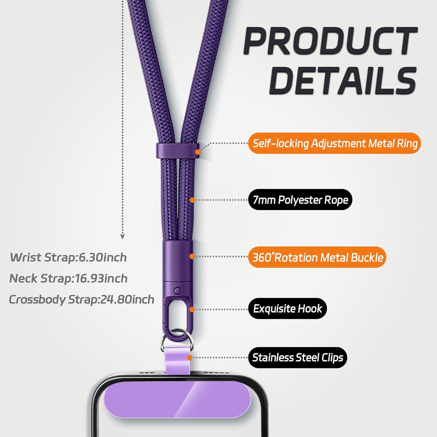 2 Pack Phone Lanyard,2×Phone crossbody strap,4×Tether Tabs,Universal Cell Phone Multifuctional Patch Polyester Lanyards,Cell Phone Lanyards for Women and Men(purple+orange)