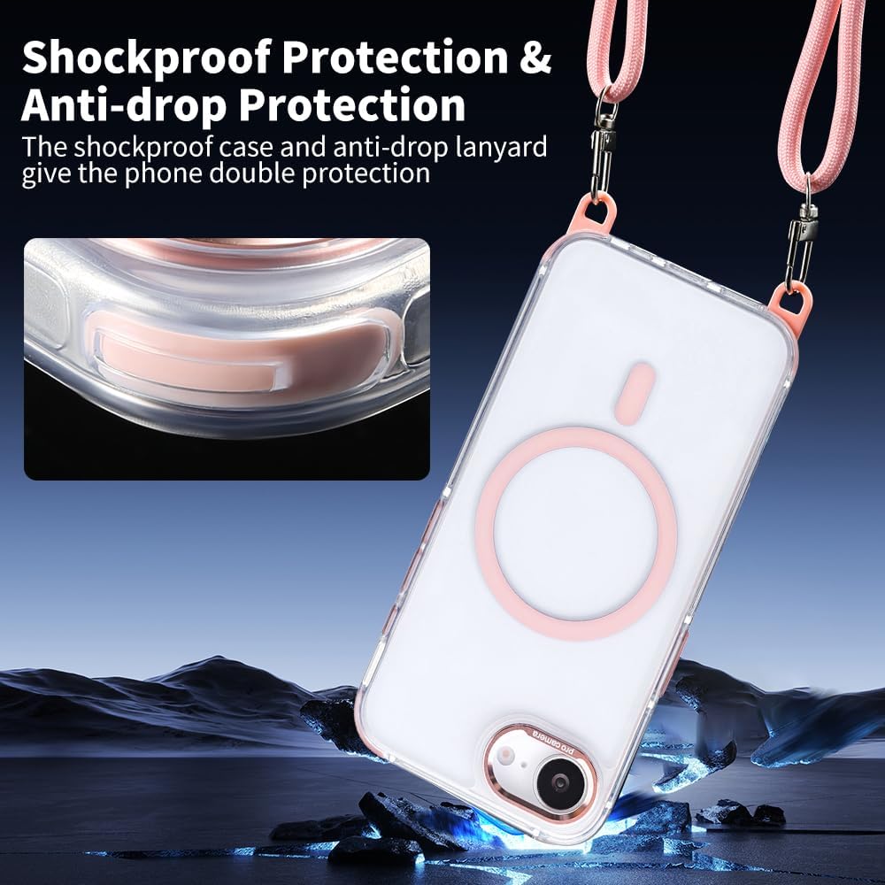 for iPhone 16e Case with Adjustable Phone Lanyard Strap, Compatible with MagSafe, Shockproof Military-Grade Protection, Magnetic Phone Case, Classic Clear Pink Hybrid Case, Yellowing Resistant