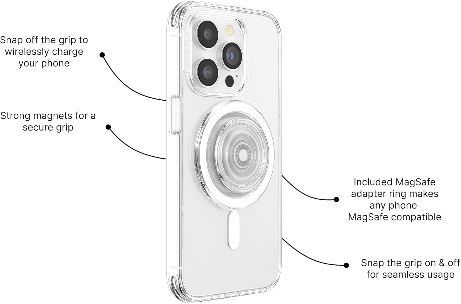 PopSockets Phone Grip for MagSafe with Kickstand, Magnetic Stand, Swappable Top, Secure Hold for iPhone MagSafe Cases, Phone & Tablet Grip - Clear