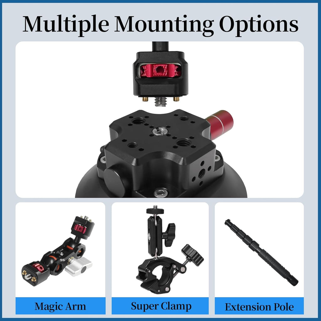 FIFIELD 4.5in Suction Cup Camera Mount with Aluminum Ball Head Magic Arm, 1/4" ARRI Holes, Quick Release Car Mount with Phone Holder & Action Cam Adapter Compatible with DJI Pocket 3 Insta360 iPhone