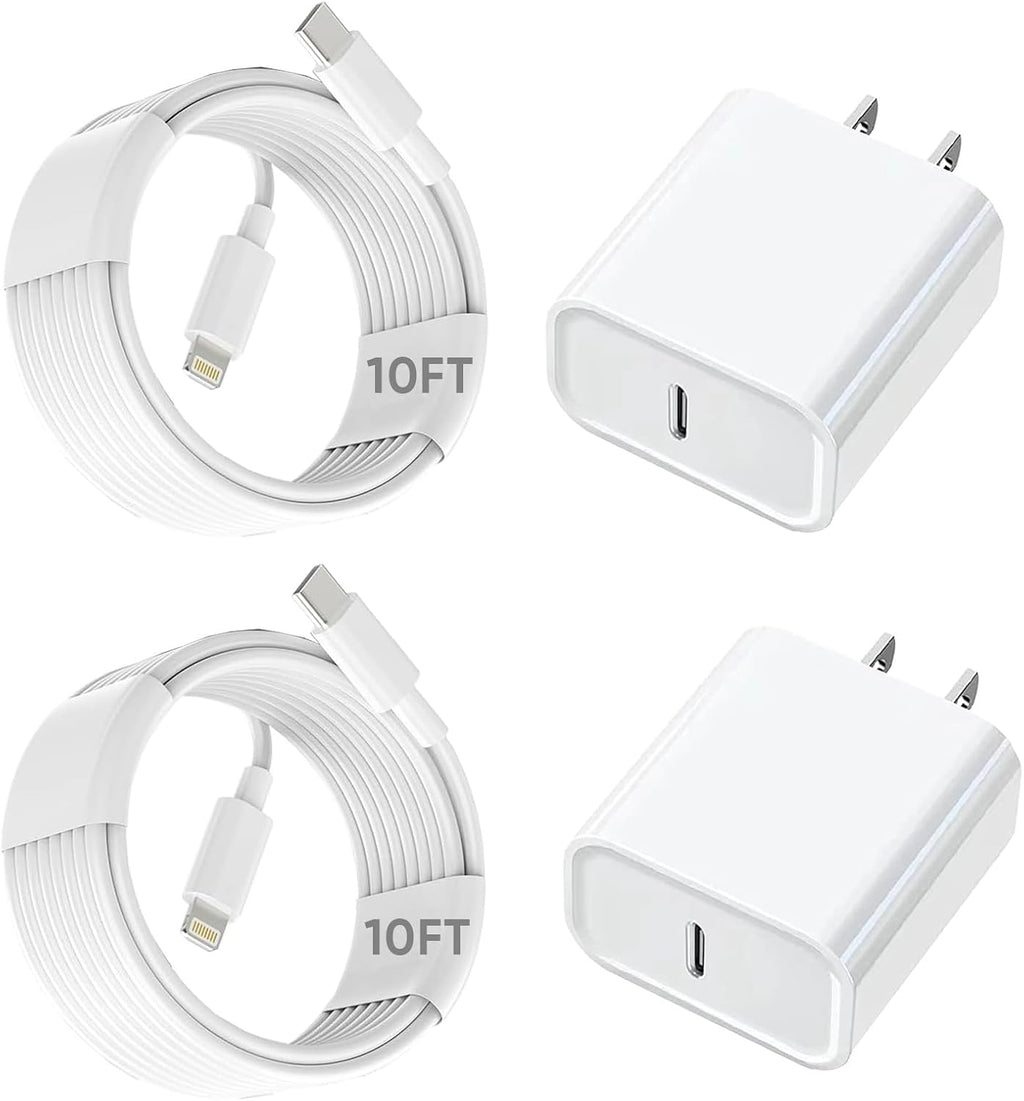 10FT iPhone Fast Charger,2Pack[Apple MFi Certified]iPhone Fast Charging USB C Blocks Wall Charger PD Adapter with Long 10 Foot USB C to Lightning Cable for i Phone14/13/12/11Pro Max/XS/SE/AirPods,iPad