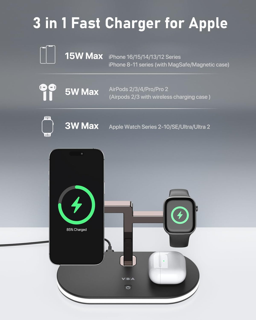 VBA 4 in 1 Wireless Charging Station for Apple MagSafe Charger,Fast Charging Magnetic Wireless Charger Stand with Night Light for iPhone 16 15 14 13 12 Series,Apple Watch,AirPods Pro 2 3 4 (Black)