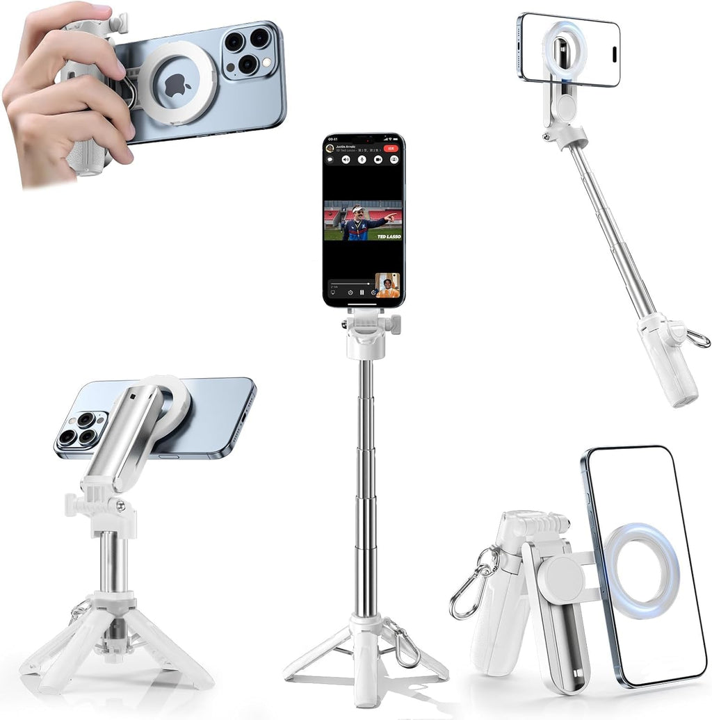 CloudValley Magnetic 4-in-1 Multifunctional Selfie Stick Tripod, Mini Portable Pocket Phone Stand with Detachable Remote, Compatible with MagSafe, for iPhone/Android, Travel Vlog, Live Stream, White