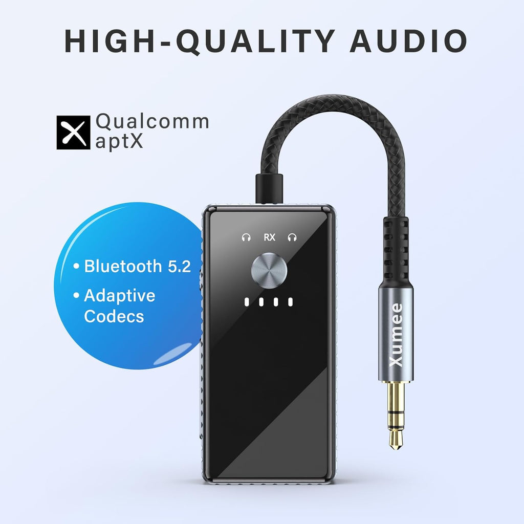 Xumee Airplane Bluetooth 5.2 Transmitter for 2 AirPods or Headphones, aptX Low Latency, 3.5mm AUX Jack & Bluetooth Receiver – Wireless Audio Adapter for Plane Travel, TV, Gym,Car,Speakers (Grey)
