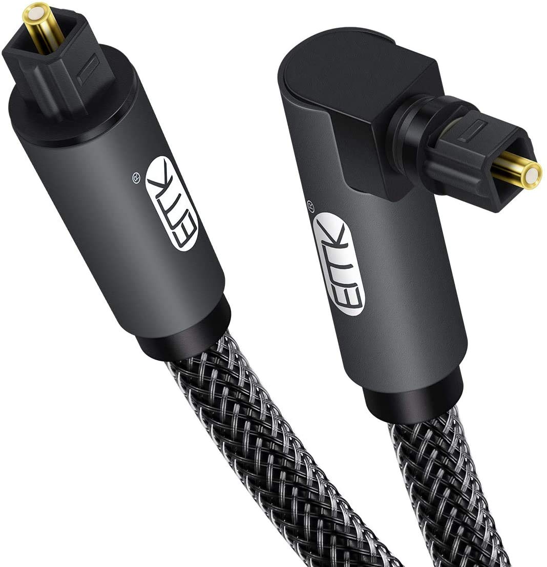 EMK 90 Degree Toslink Optical Cable 360 Degree Free-Rotating Plug Fiber Optic Cable S/PDIF Toslink Male to Male for Home Theater, Sound Bar, TV, PS4, Xbox,Grey (3.3ft/1m)