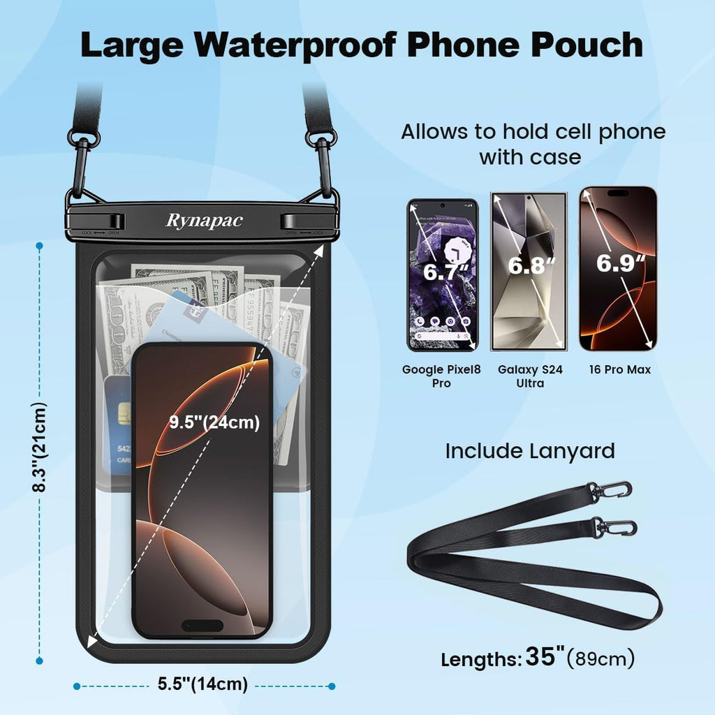2 Pack Waterproof Phone Pouch - 10in Waterproof Phone Case with Lanyard, IPX8 Cell Phone Dry Bag Beach Cruise Ship Essentials for iPhone 16 15 14 Pro Max, Galaxy S25 S24 Ultra