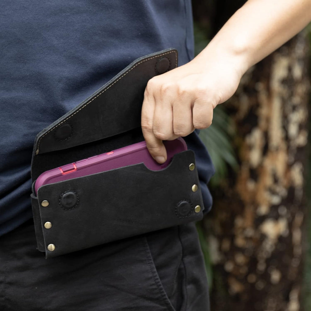 Topstache Leather Phone Holster with Belt Clip,S22 Ultra Belt Holder,iPhone 14 Pro Max Case for Belt,Leather Belt Pouch for Universal Smartphone with Protective Case,Flip Cellphone Pouch,XL,Black