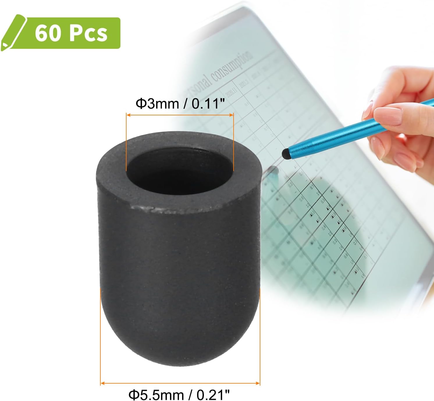 MECCANIXITY 60Pcs Replacement Stylus Pen Tips 5.5mm Conductive Capacitive Touch Screen Pens Tips Silicone Rubber, Black