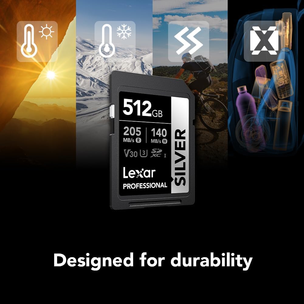 Lexar 512GB Professional Silver SD Card, UHS-I, C10, U3, V30, 4K, Up to 205/140 MB/s SDXC Memory Card, for Professional Photographer, Videographer, Enthusiast (LSDSILV512G-BNNNU)