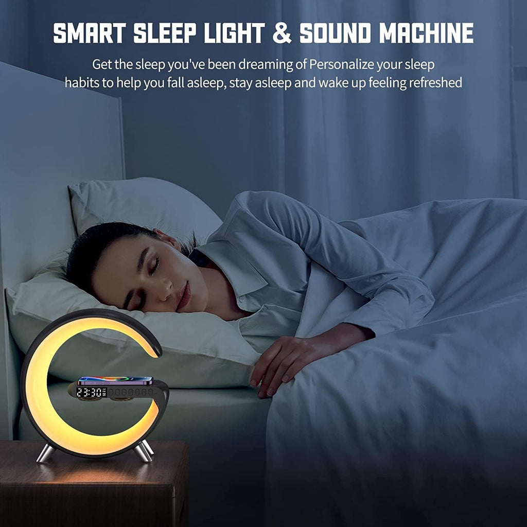 Smart Table Lamp with 4-in-1 Wireless Charger, Night Light, Bluetooth Speaker, Alarm Clock, App Control, Office, Bedroom, Home Decor (White)