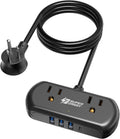 2Ft Extension Cord, SUPERDANNY Mini Surge Protector with 2 Wide-Spaced Outlets, USB Power Strip, 3 USB-A 1 USB-C, Flat Plug, Compact Size Desktop Charging Station Travel, Home, Office, Black