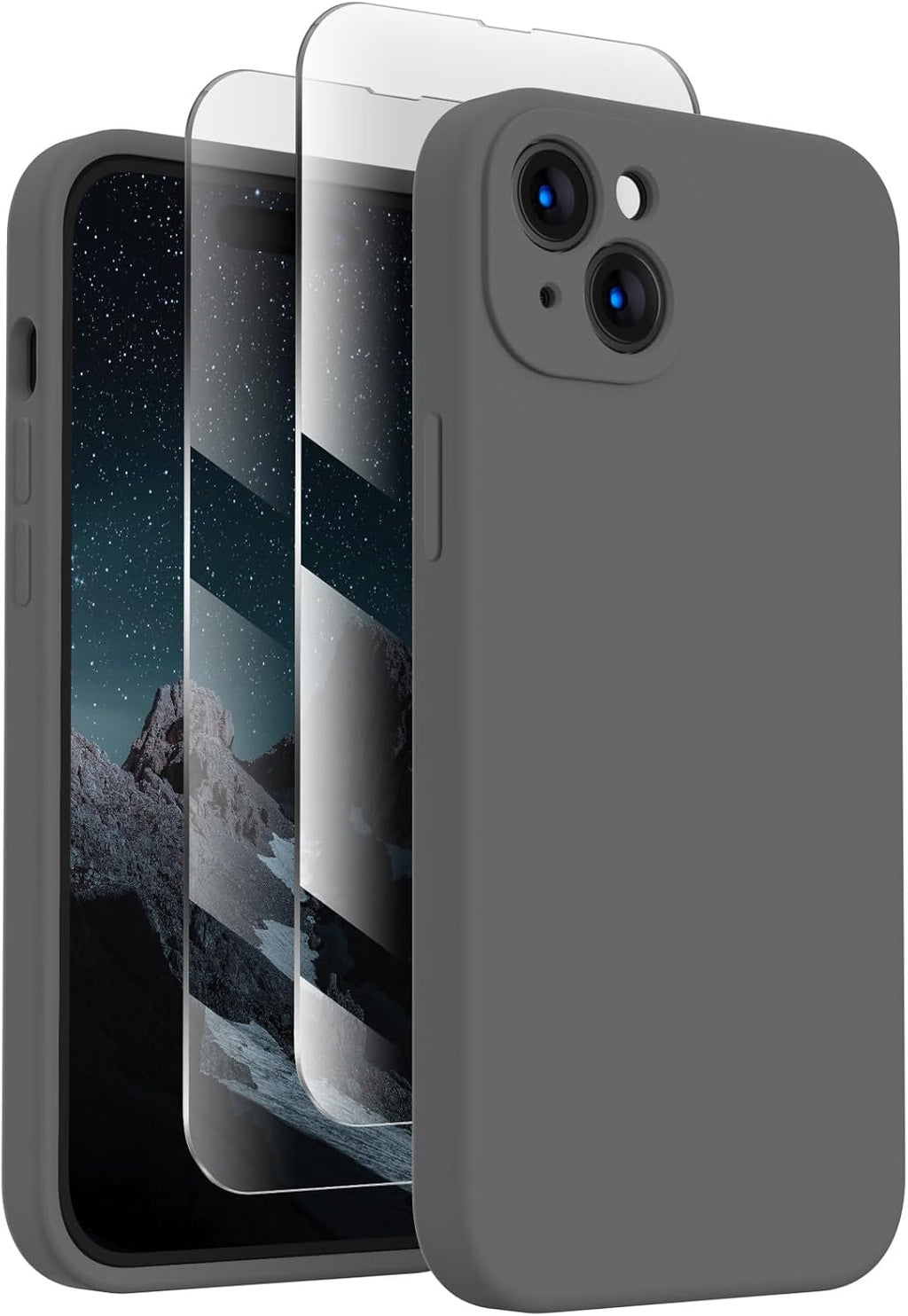 FireNova Designed for iPhone 15 Case, Silicone Upgraded [Camera Protection] Phone Case with [2 Screen Protectors], Soft Anti-Scratch Microfiber Lining Inside, 6.1 inch, Space Gray