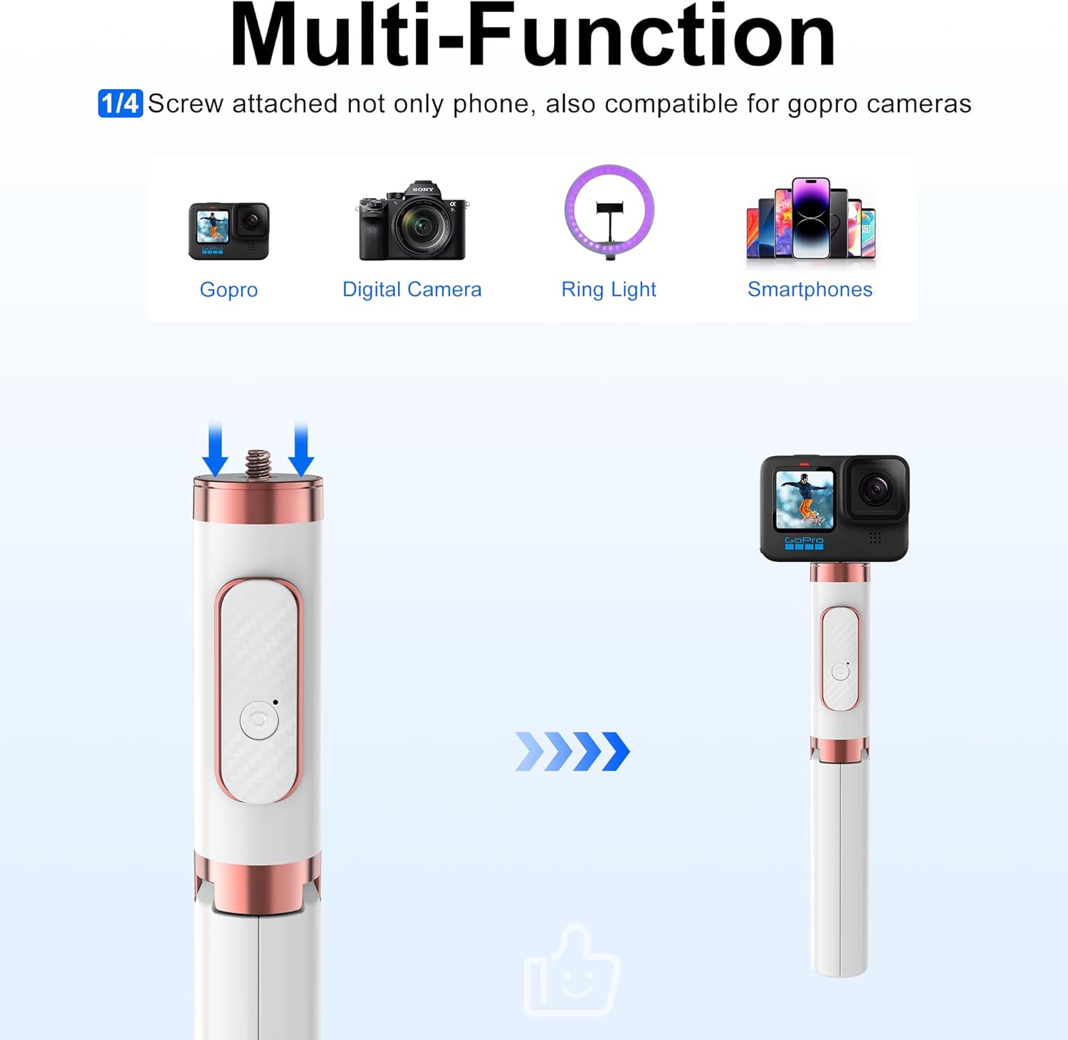 Aluminum Alloy Selfie Stick Tripod with Remote, Foldable Travel Tripod Stand 270 Rotation Compatible with iPhone/Android/Go Pro Camera