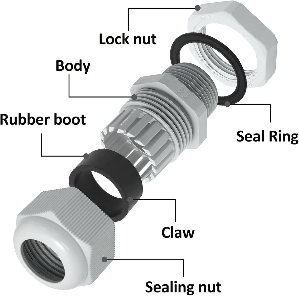 20 Pcs 1/2" NPT Nylon Cable Glands, IP68 Waterproof Adjustable Cord Grip Cable Connector Strain Relief Wire Protectors for 6-12mm Cable Diameter, Grey