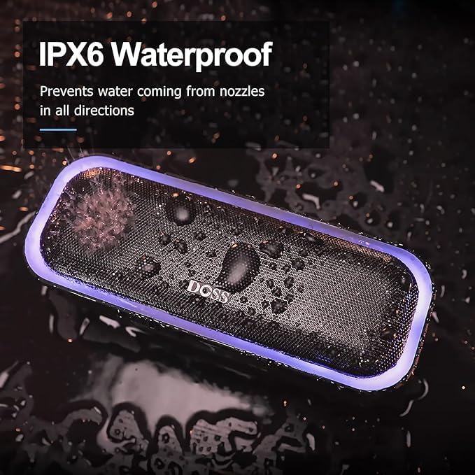 DOSS SoundBox Pro Bluetooth Speaker with 20W Stereo Sound, Active Extra Bass, 20H Playtime, IPX6 Waterproof, TWS Pairing, Multi-Colors Lights, Portable for Hiking, Camping, Beach, Outdoor, Party-Black