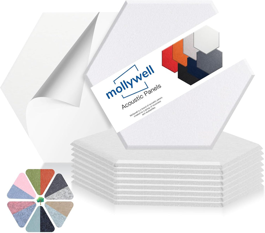 Mollywell Hexagon Acoustic Panels, High Density, Soundproofing, Decorative Noise Reduction Felt Wall Tiles for Ceilings, Home Office & Gaming Room (White), 14×12×0.4 Inch