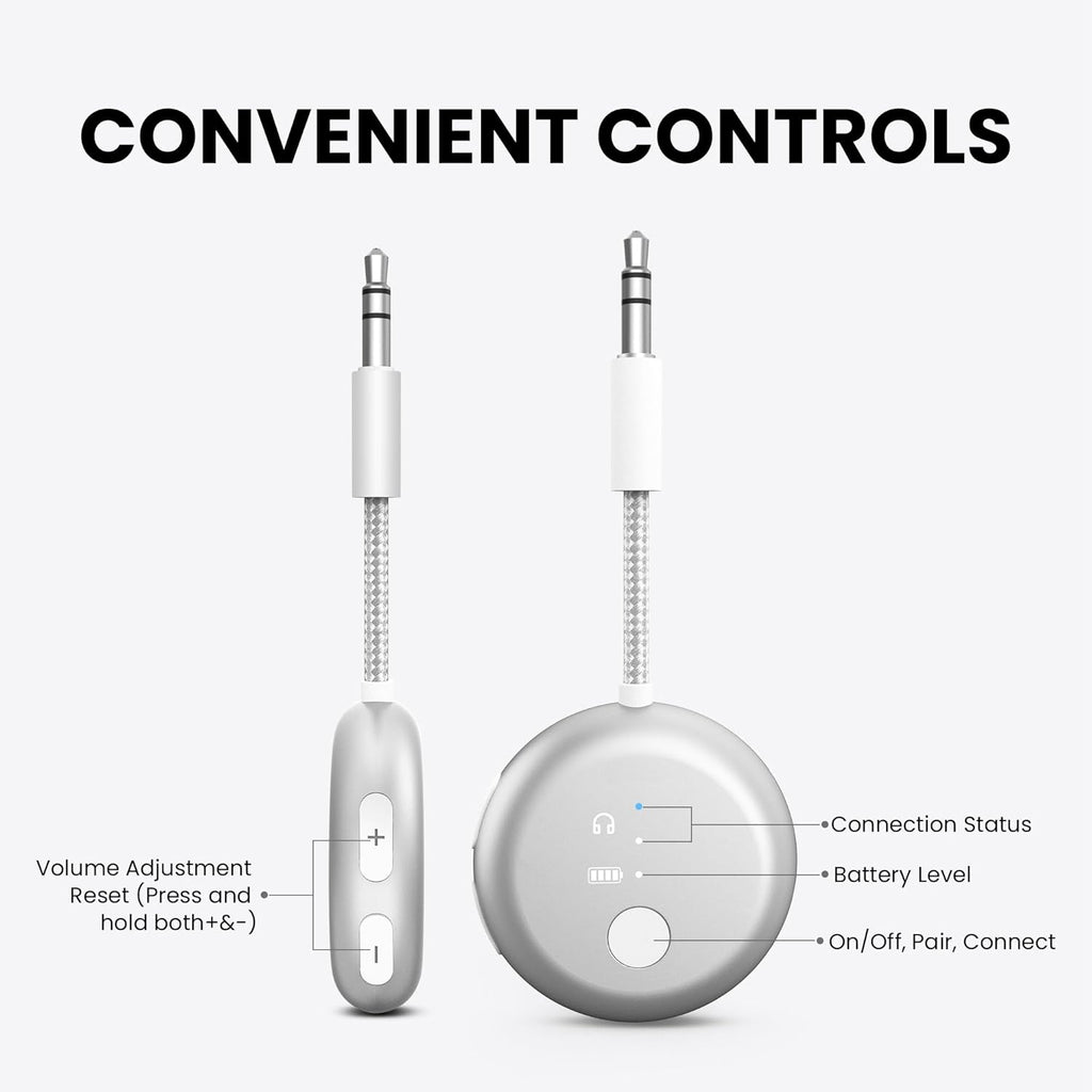 Avantree SoundJet R1 – Airplane Bluetooth Adapter for Headphones & AirPods, aptX Adaptive, Qualcomm Chipset, 20H Battery, Wireless Audio Transmitter for in-Flight Travel Essentials - Silver