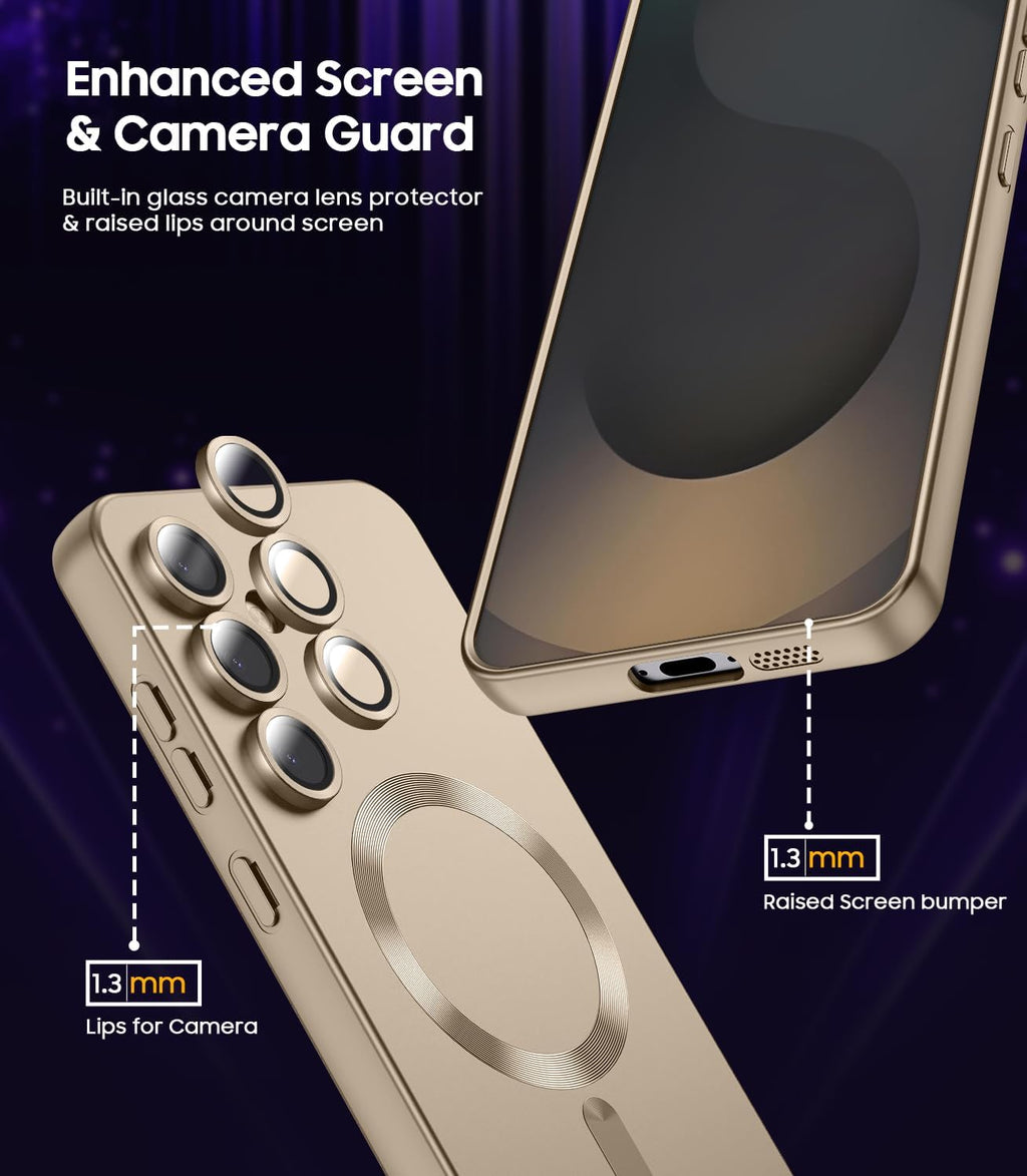 Magnetic for Samsung Galaxy S25 Plus Case [Compatible with MagSafe][Built-in Camera Lens Protector] Slim Soft Silicone Bumper Shockproof Metallic Luster Phone Shell (Gold)