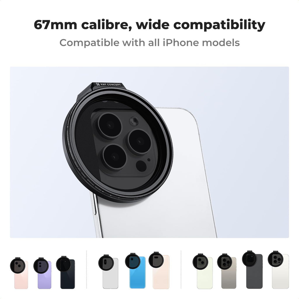 K&F Concept Clip On 67mm Variable ND2-32 Magnetic Phone Lens Filter Kit, Phone Clip with Magnetic Adapter Ring/Cold Shoe/Locking Knob, Neutral Density Filter for iPhone 16 15 Pro Max 14 13
