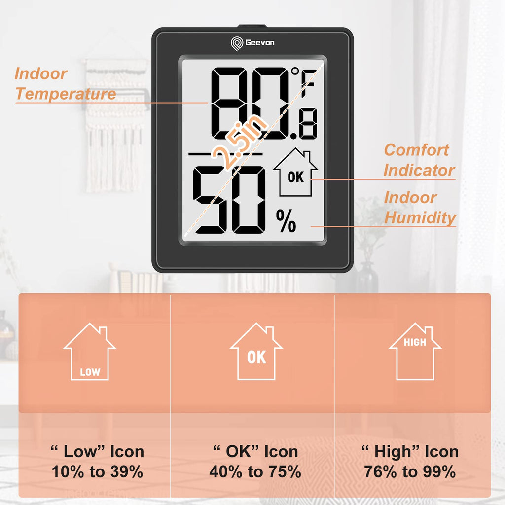 Geevon Digital Hygrometer, 3 Pack Indoor Thermometer Room Temperature Humidity Gauge with Battery,Digital Temperature Humidity Meter Indicator for Home, Office, Greenhouse, Mini Hygrometer,Black