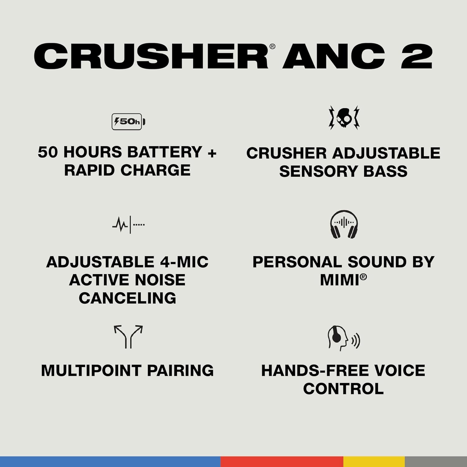 Skullcandy Crusher ANC 2 Over-Ear Noise Canceling Wireless Headphones with Sensory Bass and Extra Charging Cable, 50 Hr Battery, Microphone, Works with Bluetooth Devices - Preppy Summer Resort