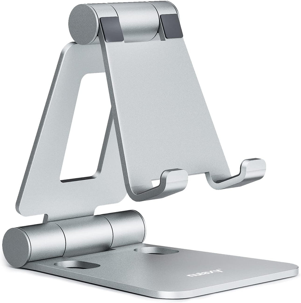 Nulaxy Dual Folding Cell Phone Stand, Fully Adjustable Foldable Desktop Phone Holder Cradle Dock Compatible with iPhone 17 16 15 14 13 12 11 Pro Max Xs Xr X 8, Nintendo Switch, All Phones - Silver
