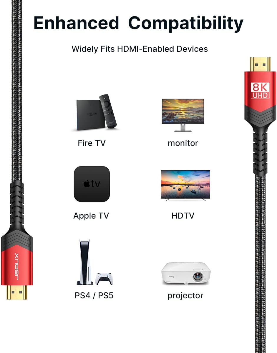JSAUX 8K HDMI Cable 2 Pack 3ft, 48Gbps High Speed HDMI 2.1 Braided HDMI Cord, 4K 120Hz 144Hz, 8K 60Hz, Dynamic HDR, DTS:X, 2K, 1080P, 3D, eARC Compatible with Laptop, TV Gaming Monitor PS5 PS4 -Red