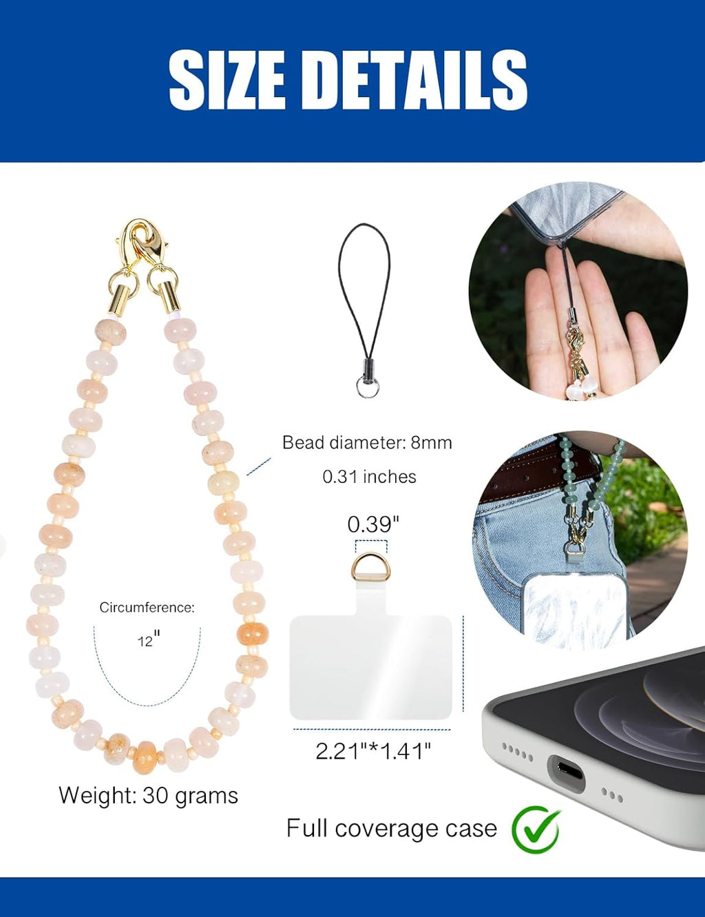 Handmade Natural Gemstone Crystal Beaded Charm Cell Phone Camera Lanyard, Hands-Free Wrist Strap, Phone Chain String, Keychain Decor for Walle (Pink Agate)
