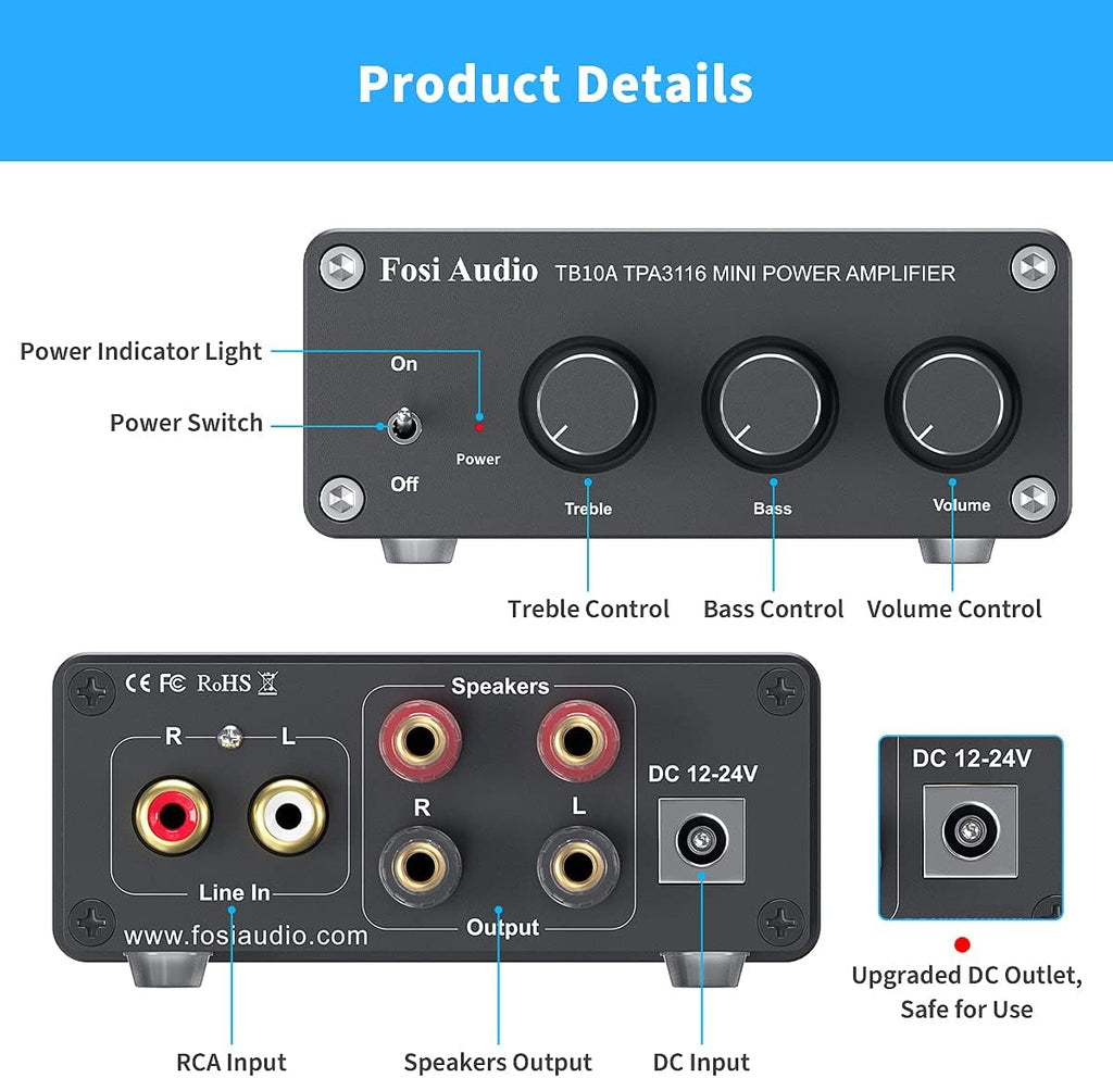 Fosi Audio TB10A 2 Channel Stereo Audio Amplifier Receiver Mini Hi-Fi Class D Integrated Amp 2.0CH for Home Speakers 100W x 2 with Bass and Treble Control TPA3116(with Power Supply)