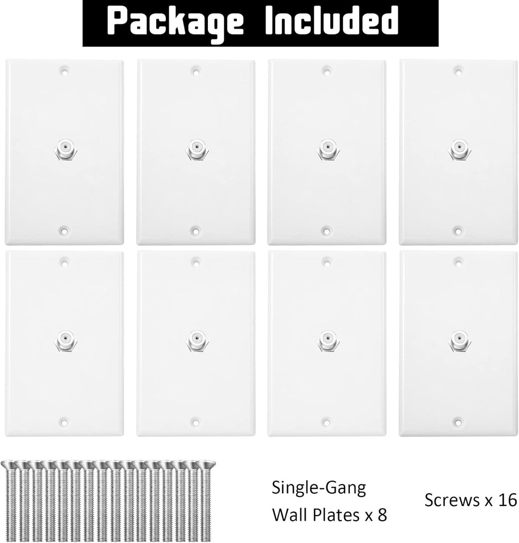 1-Port TV Cable Wall Jack F Connector Coax Video Jack Single Gang Wall Plates (White, 8 Pcs)