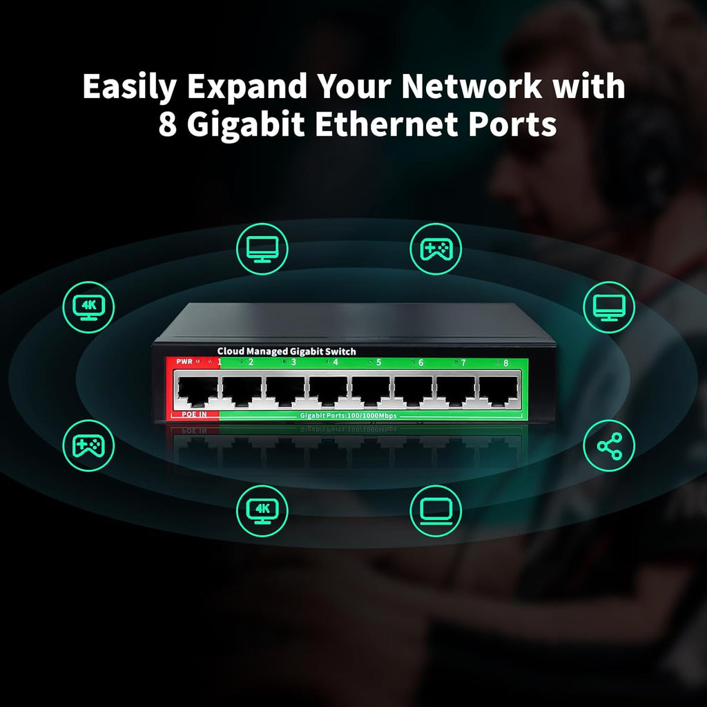 STEAMEMO 8-Port Gigabit Ethernet Switch | Smart Managed with VLAN & QoS | Plug & Play Desktop/Wall-Mount Network Hub w/ PoE in Design | Metal Housing & Web Managed(Includes Power Adapter)