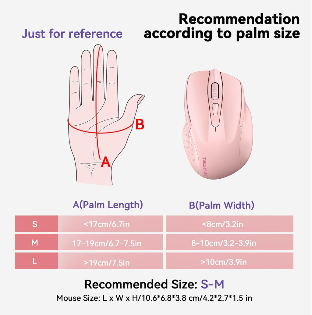 TECKNET Wireless Mouse (BT5.0/3.0 & 2.4G) Rechargeable 4800 DPI Silent USB A & Bluetooth Mouse 6 Buttons, Wide Compatibility - Pink