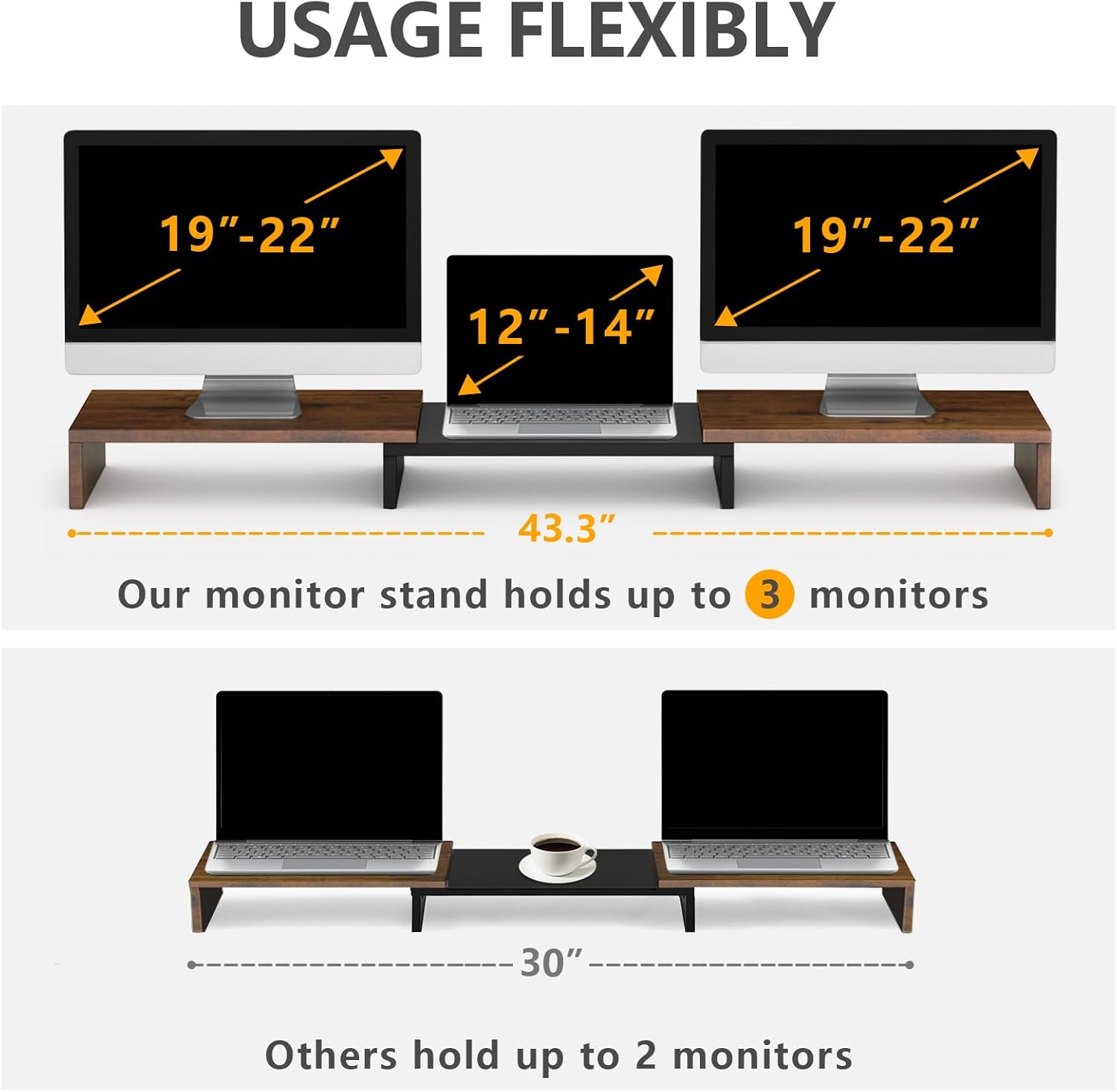 TAVR Dual Monitor Stand Riser, Computer Monitor Stands for 2 Monitors, Extra Long Multifunctional Desktop Organizer Riser for Computer, Laptop, PC, Printer, TV, Max 43.3" Length, Rustic Brown