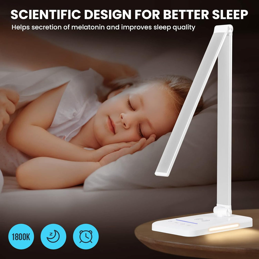 LED Desk Lamp with Night Light, Fast Wireless Charger, USB Charging Port, 10 Brightness, 5 Color Modes, Dimmable Bedside Table Lamp for Bedroom, Touch Control, Auto Timer, 1200Lux Super Bright