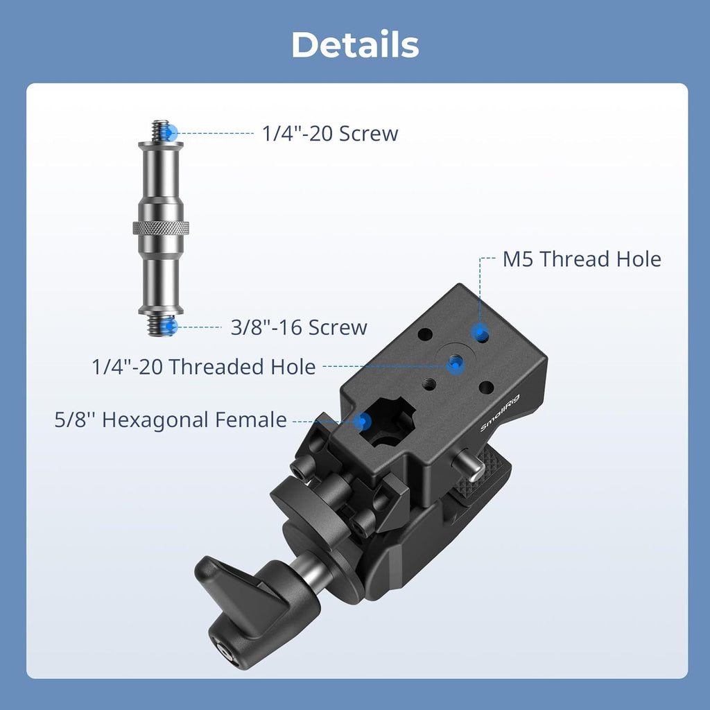 SmallRig Super Clamp Kit 2-Pack, Heavy Duty Max Load 33lb /15kg, with a 1/4"-20 & a 3/8"-16 Top Screw on a 5/8" Stud, for Photography Studio Video Camera Lighting, for Round Pipe and Flat Surface 5318