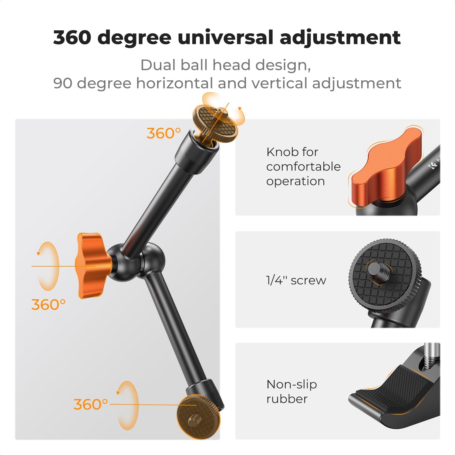 K&F CONCEPT 9.8" Magic Arm, 1/4" Screw Camera Mount Arm 360° Ball Heads for DSLRs, Monitor, Flash, LED Light, Microphone, Camera Cage, Action Camera
